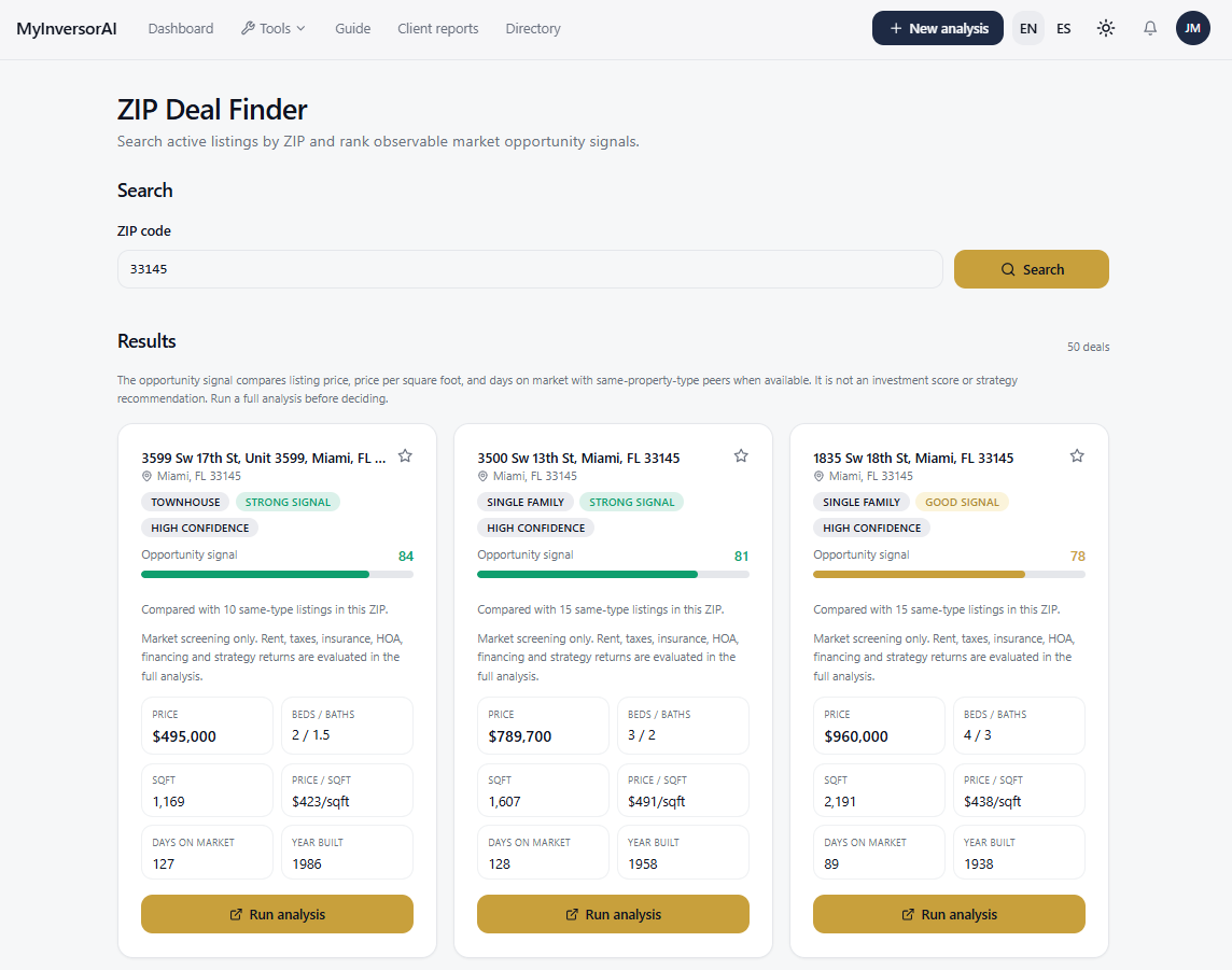 Espacio web de ZIP Deal Finder en MyInversorAI