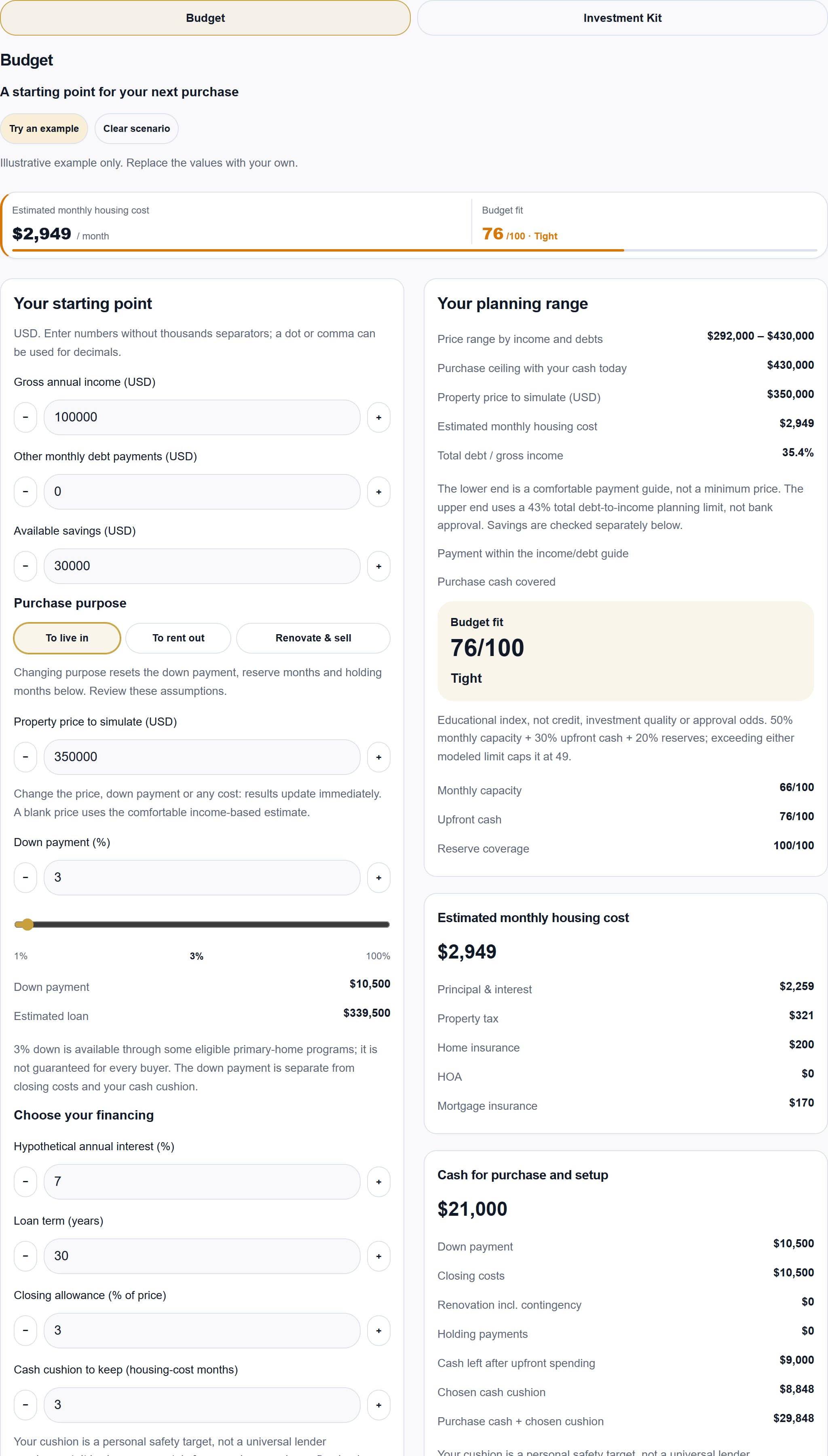 Interactive Budget with purchase range and down payment