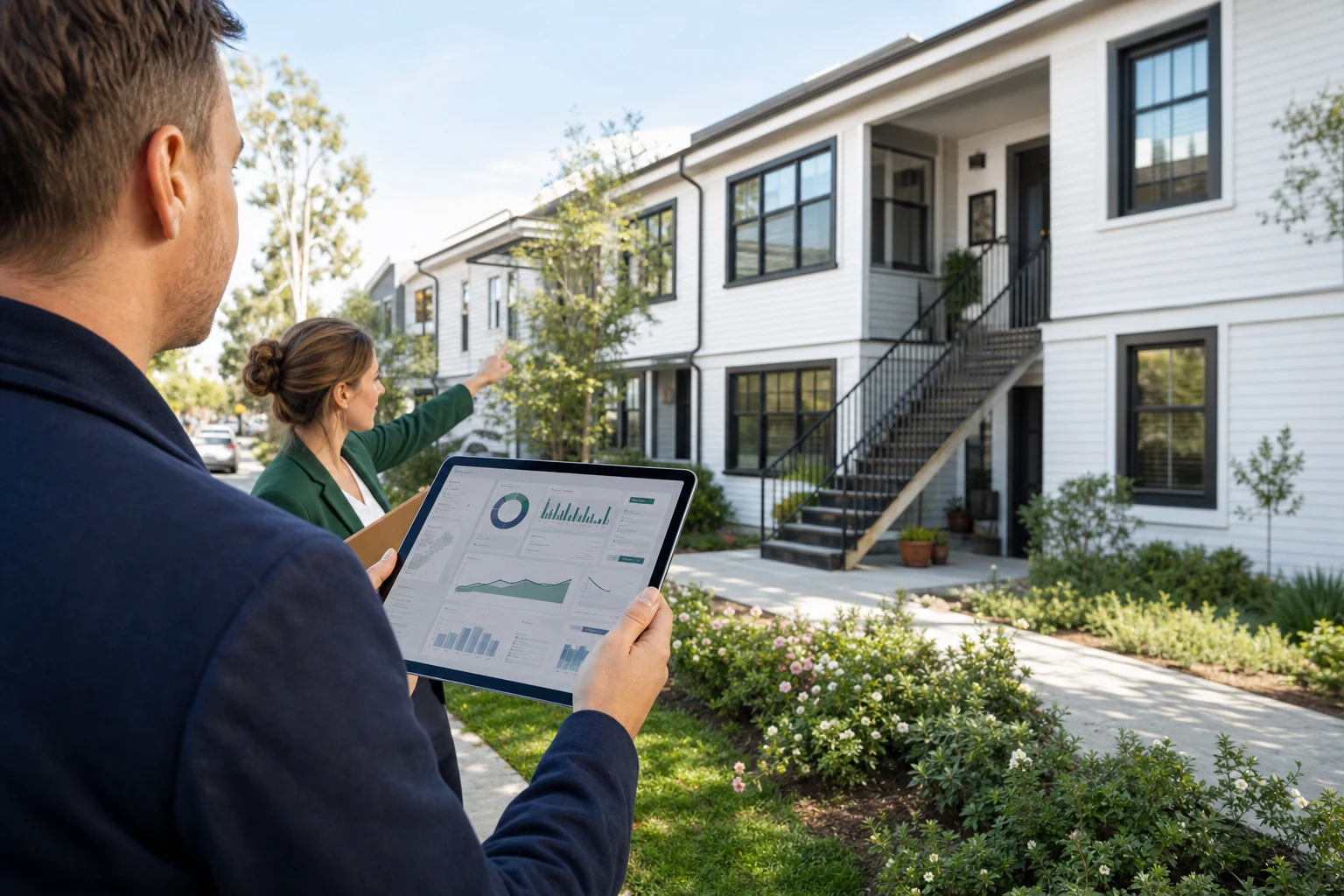 Investor and realtor analyzing a multifamily property