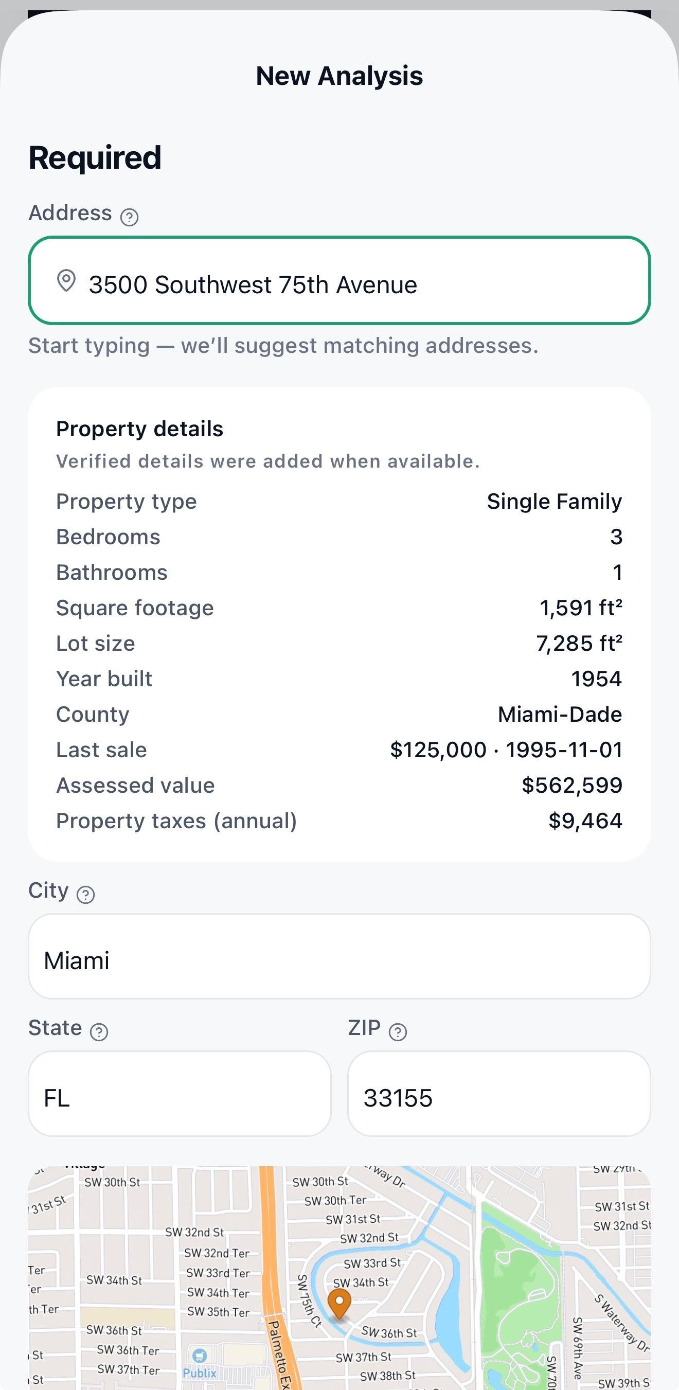 Mobile property entry screen
