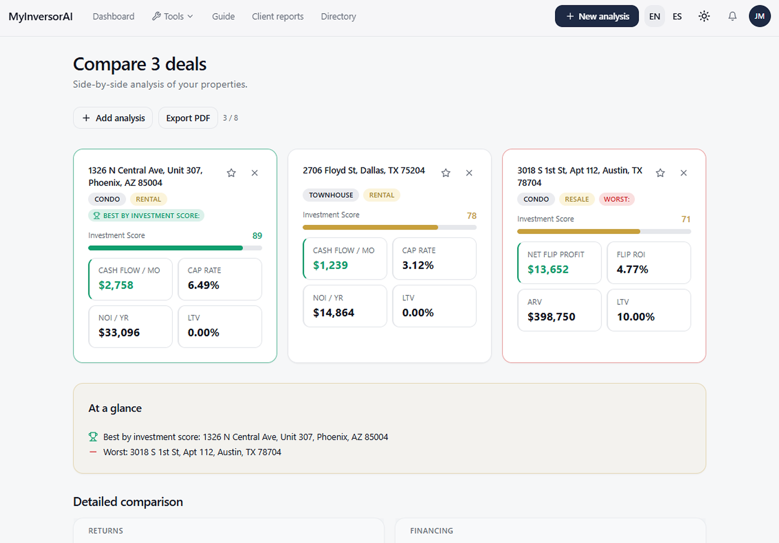 MyInversorAI web comparison workspace